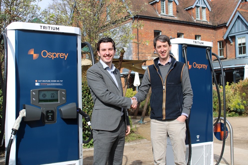 Osprey’s Stevewn Bates (left) and Nick Wells in front of the newly-installed rapid chargers at D’Parys Hotel, Bedford