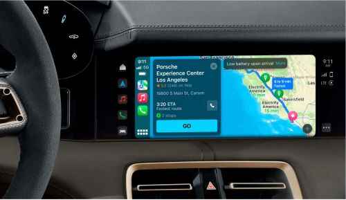 Available for US-based Taycan models, Apple Maps EV Routing now incorporates EV charger routing directly within Apple CarPlay. Photo: Porsche