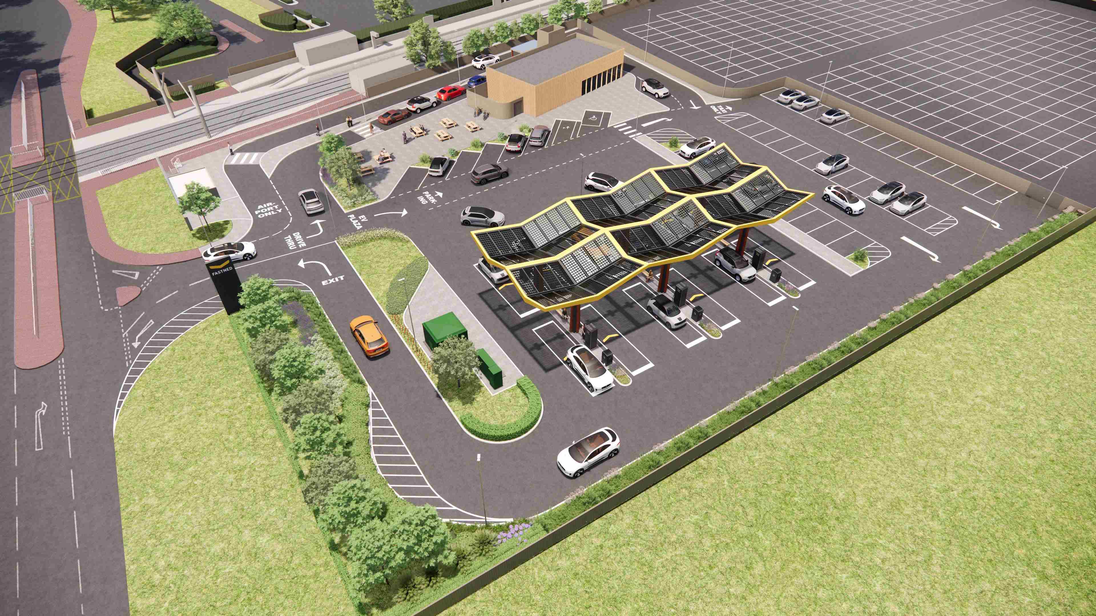 Newcastle Airport and Fastned hope to open the site in 2024 with up to 12 charging bays, offering up to 400kW of renewable power, providing electric vehicles with up to 400 miles in 20 minutes. Illustration: Fastned