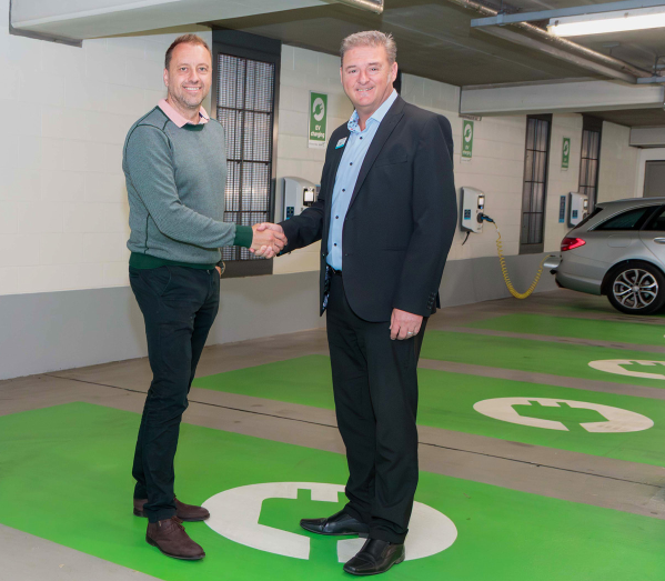 Pictured with some of the charge points are Zest CEO, Robin Heap (left) and Paul McCarthy, GM at Chantry Place. Photo: Zest