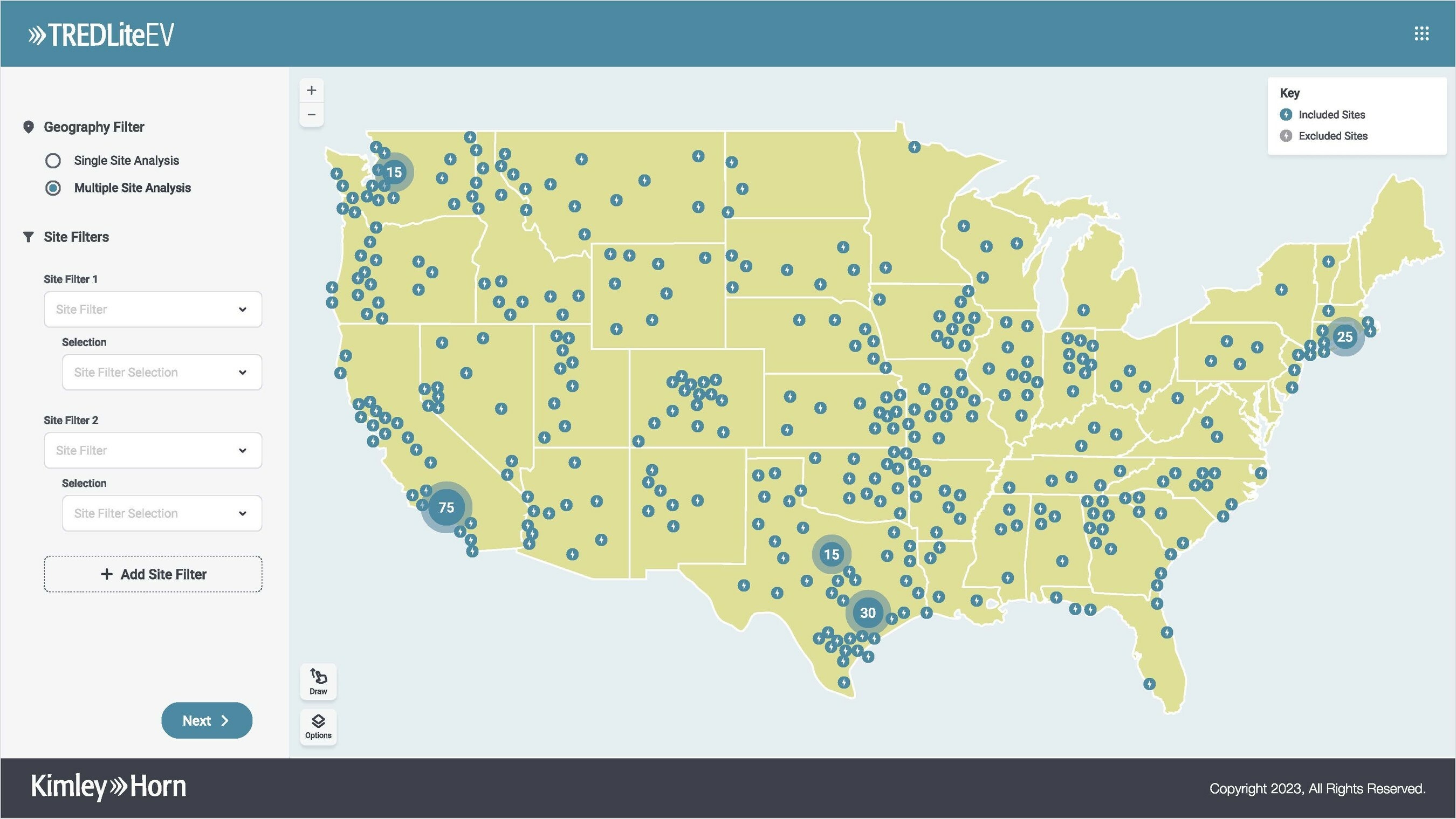 TredLite EV analyses potential EV charging sites nationwide to pinpoint the best ones based on an organisation’s priorities. Photo: Kimley-Horn and Associates