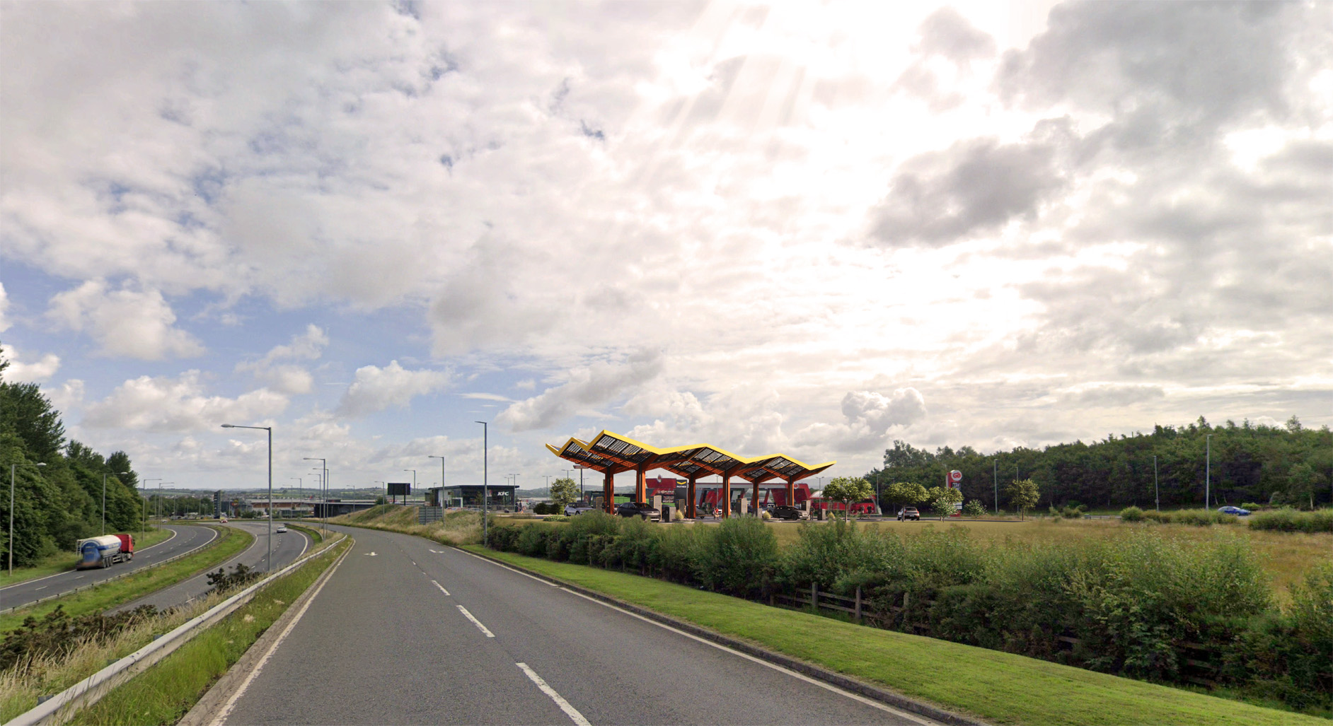 The iconic yellow solar canopies that shelter each of the Fastned charging stations will make it easy for drivers to see the stations from the road. Illustration: Fastned