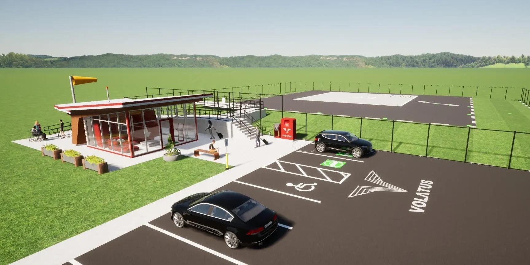 One of the three modular vertiport designs and charging stations for electric vehicles offered by VI&E Solutions.  Image: Volatus Infrastructure & Energy Solutions