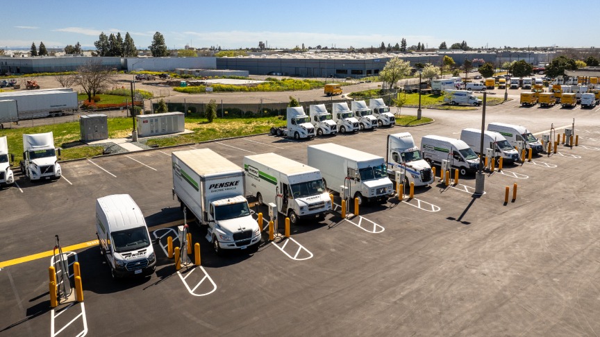 Hitachi’s Grid-eMotion fleet solution charging electric trucks at Penske truck depot in Stockton, California. Photo: Hitachi Energy