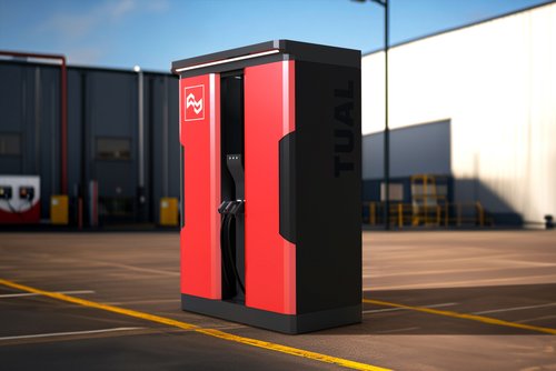 Tual’s DC PowerUp Charger is designed to help fleet operators and commercial landlords supercharge the EV transition – enabling fast-charger installation in marginal-capacity sites, while slashing installation timelines and costs. Image: Tual