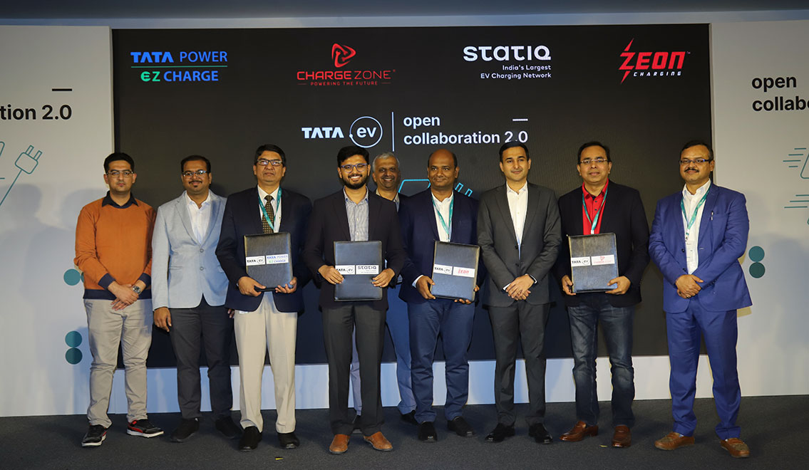 ‍  Senior representatives from Tata Power, Statiq, Zeon and ChargeZone with Balaje Rajan, chief strategy officer, Tata Motors Passenger Vehicles and Tata Passenger Electric Mobility at the announcement ceremony. Image: TATA.ev