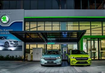 Two Skoda electric vehicles charging on an EV charging station Powered by Noodoe. Photo: Skoda Auto