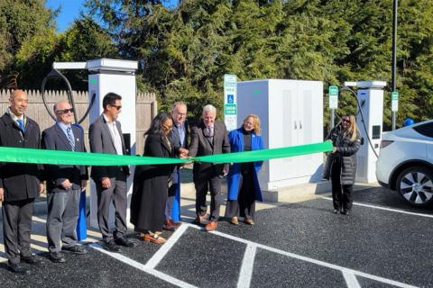 The official opening ceremony held last week of the new EV fast-charging hub in downtown South Deerfield, Massachusetts. Photo: The Joint Office of Energy and Transportation