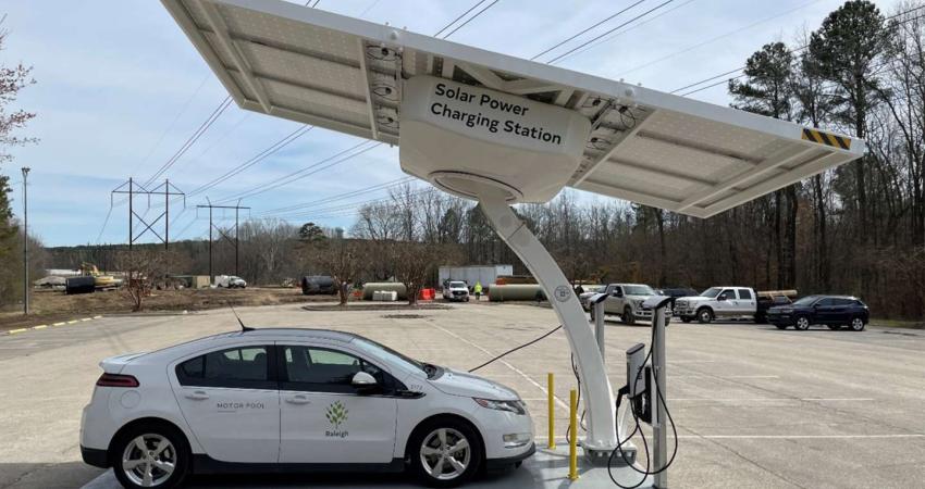 The patented Beam EV ARC is a versatile energy infrastructure product with a sleek aesthetic design that fits in the size of a standard parking space. Photo: City of Raleigh