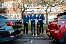 From left to right: Nathan King (head of operations at Connected Kerb), Matt Furniss (cabinet member for transport, infrastructure and growth, Surrey County Council) and Chris Pateman-Jones (CEO of Connected Kerb) at Connected Kerb’s deployment on Hill View Road in Woking, Surrey