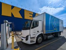 A GoBolt truck recharges at a new commercial charging station at IKEA Ottawa