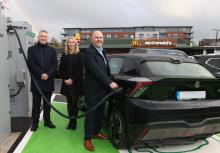 McDonald’s franchisee Jimmy Edwards, InstaVolt Ireland business development manager Catherine Watson, and InstaVolt chief commercial officer Simon Smith (right) at the Dublin charging site opening. Image: InstaVolt