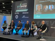 The panel on Strategies for Smart Integration of EV Charging in Cities at the London EV Show (left to right): Ada Lee, infrastructure and climate change specialist - Royal Town Planning Institute; Phil Bibby, executive member for highways & transport - Hertfordshire County Council; Robin Loos, deputy head of energy, transport & sustainability and senior sustainable transport officer - BEUC - The European Consumer Organisation; Justin Macmullan, principal policy advisor (consumer rights and sustainability) -