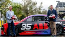 NASCAR president Steve Phelps and ABB CEO Morton Wierod stand with the ABB NASCAR EV prototype. Image: ABB